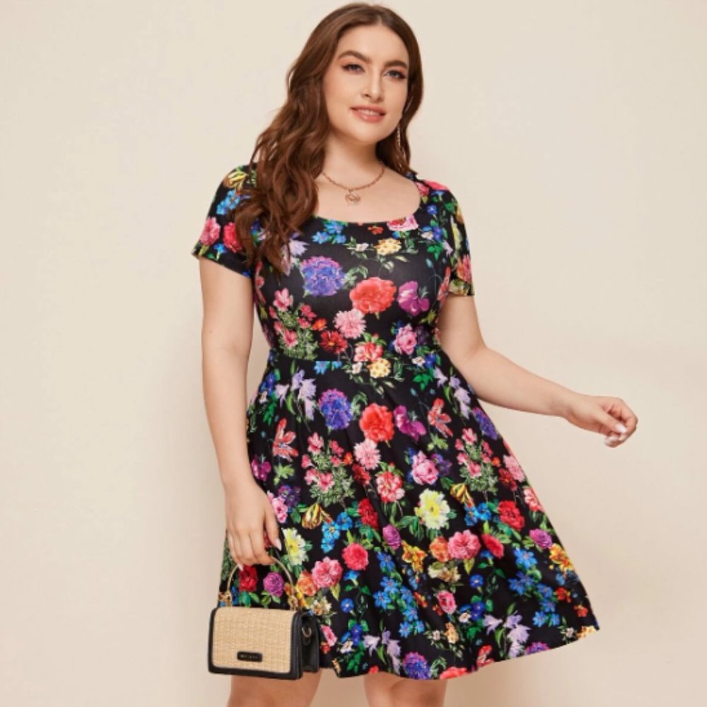 SHEIN Plus Floral Print Fit & Flare Dress